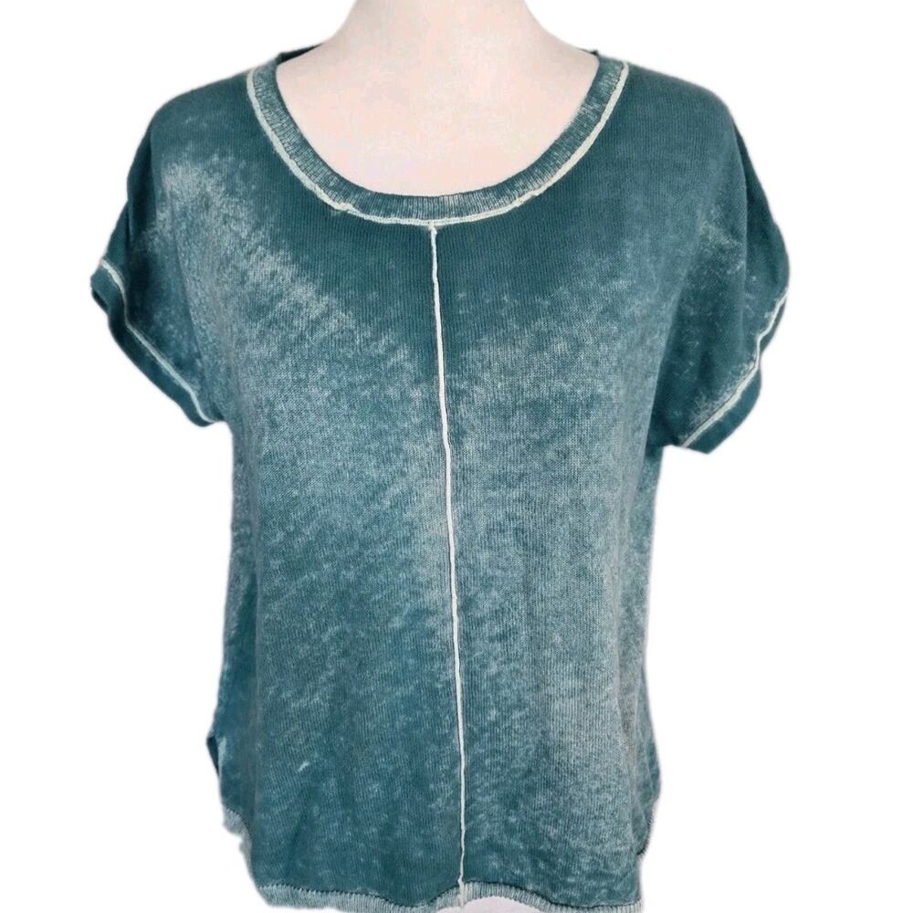 Sundance Distressed Logenlook Boxy Sleeveless Drapey Teal Sweater Knit Top Sz PM